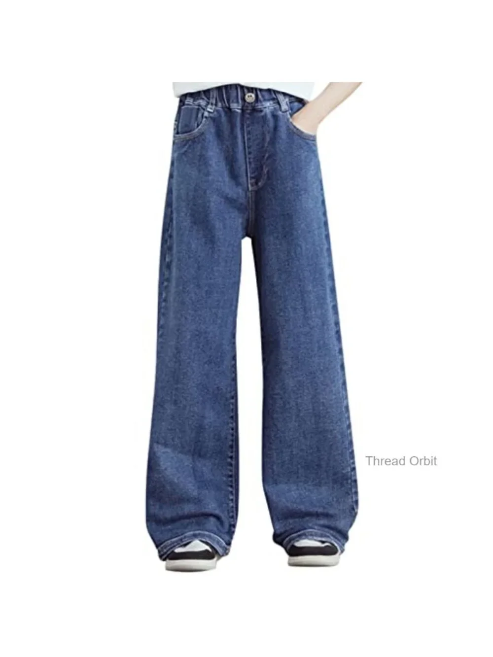 Girls Wide Leg Baggy Jeans with Pockets Elastic Waist Pull On Casual Denim